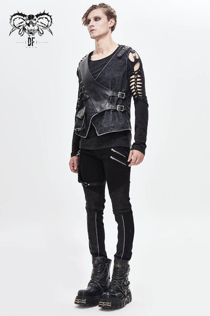 Black V Neck Asymmetric Lace Up Leather Loop Shoulder Rivet Corduroy Men's Punk Waistcoat