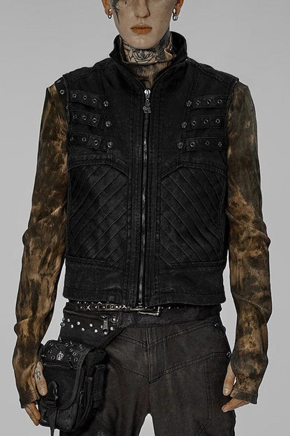 Twill Metal Skeleton Claw Zip Stand Collar Sleeveless Mens Steampunk Vest 2 Colors
