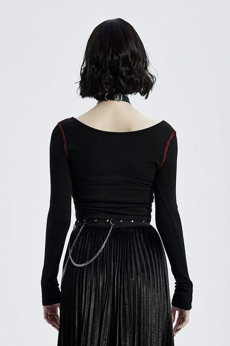 Black Round Collar Long Sleeve Front Metal Square Eyelets Decoration Short Tight Women's Punk T-Shirt