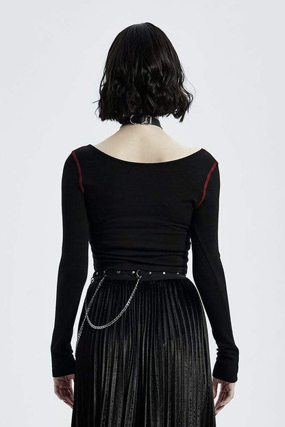 Black Round Collar Long Sleeve Front Metal Square Eyelets Decoration Short Tight Women's Punk T-Shirt
