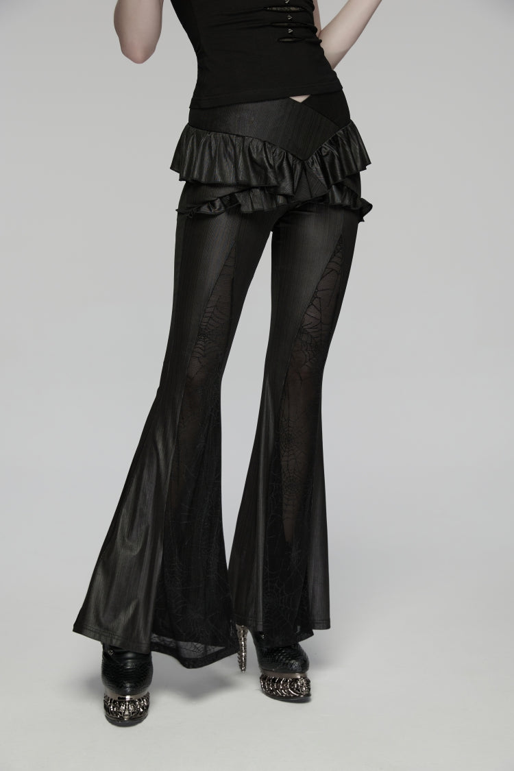 Black Ruffled Women's GothicRuffled Cobweb Pattern Flared Pants
