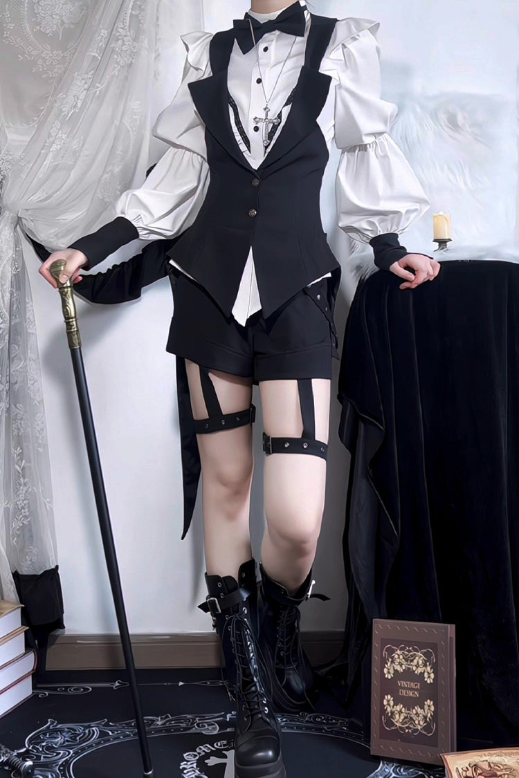 Black/White Stand Collar Long Sleeves Bowknot Gothic Prince Ouji Lolita Blouse Shorts Swallowtail Vest Set