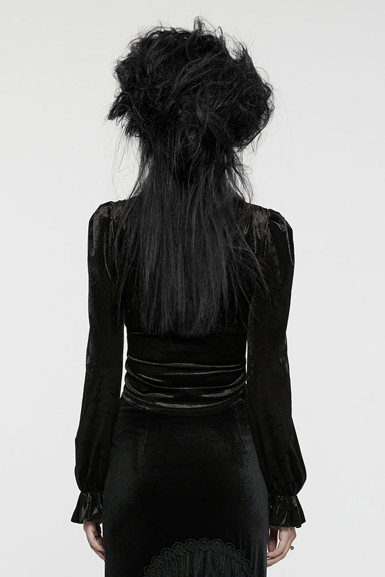Black Stand Collar Irregular Pleated Velvet Women's Gothic Blouse