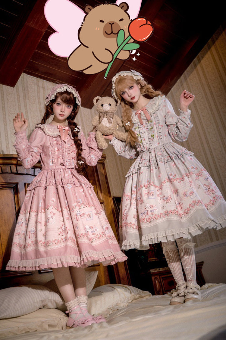 Sweet Long Sleeves FloralPrinted Ruffled Bow Plus Size Elegant Lolita Dress 2 Colors