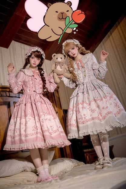 Sweet Long Sleeves FloralPrinted Ruffled Bow Plus Size Elegant Lolita Dress 2 Colors