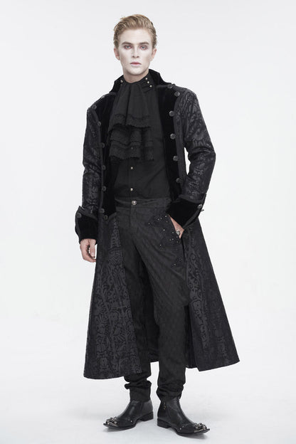 Black Stand Collar Totem Printed Long Men's Gothic Coat