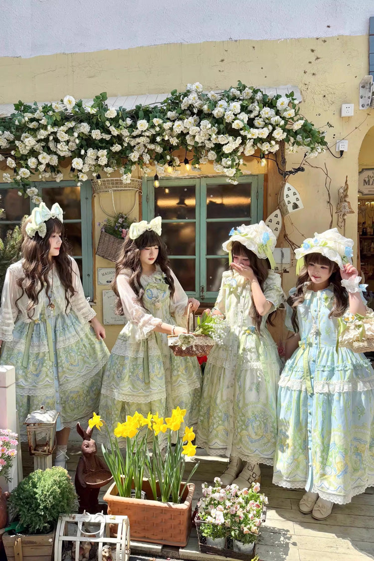Ivory/Green [Lily of the Valley Perfume] Pearl Candy Tea Doll Collar Short Sleeves Printed Lace Plus Size Sweet Lolita OP Dress