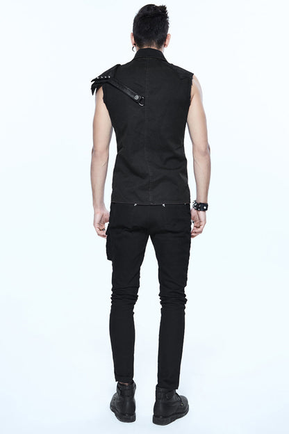 Black Sleeveless Twill One-Shoulder Armor Heat Seal Men's Punk Shirt