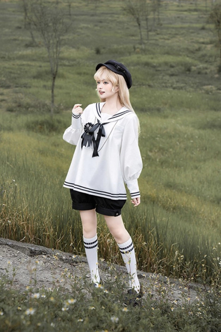 Black/White [Old Stories] Navy Collar Long Sleeves Bowknot Ouji Gothic Lolita Blouse Shorts Set
