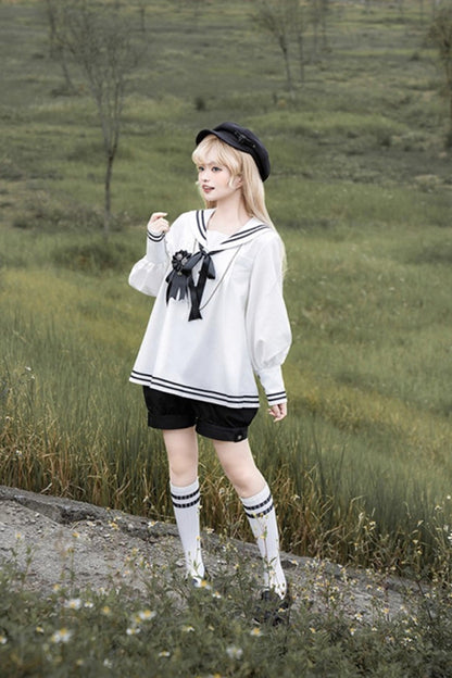 Black/White [Old Stories] Navy Collar Long Sleeves Bowknot Ouji Gothic Lolita Blouse Shorts Set