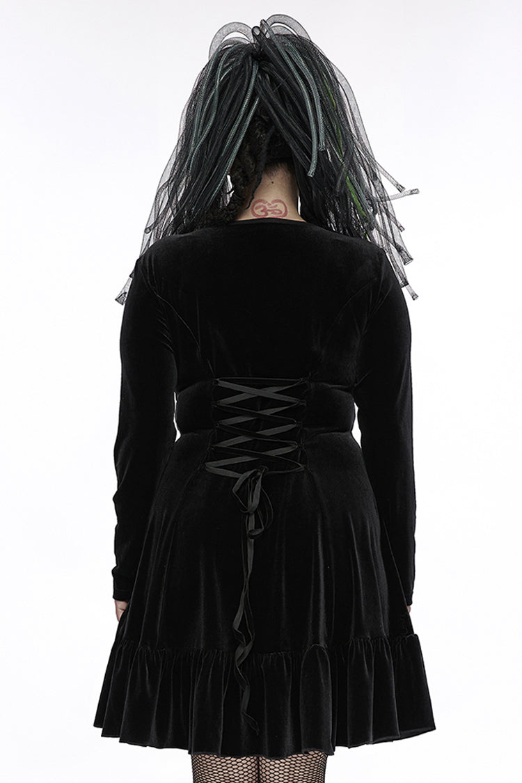 Black Stretch-Velvet Chain Print Decoration Webbing Long Sleeve Straps Women's Plus Size Gothic Dress