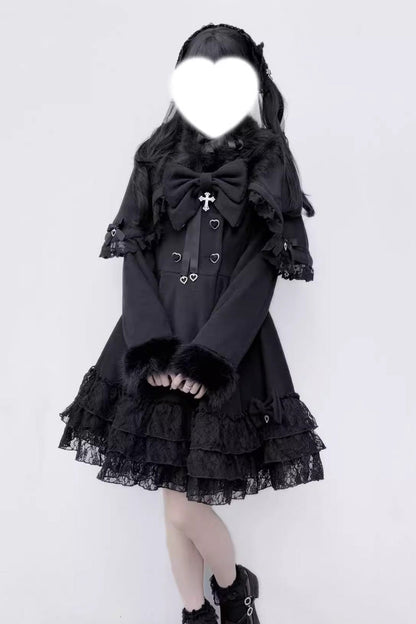 Magician Long Sleeves Removable Cape Bowknot Lace Gothic Jirai Kei Coat