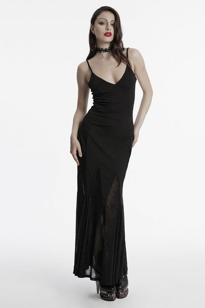 Black Sleeveless Plunging Sipder Stitching Mesh Women's Gothic Party Dress