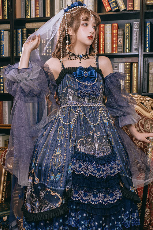 Blue Skull Print Hanayome Bowknot Pearl Chain Multi-Layer Ruffled Gothic Lolita JSK Tiered Dress