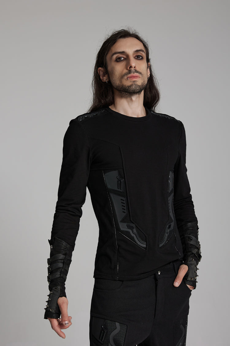 Black Round Collar Long Sleeves 3D Amor Patch Print Men's Punk T-Shirt