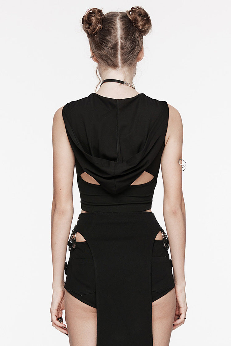 Black Sleeveless Cutout Crossed Hooded Women's Punk Tank Top