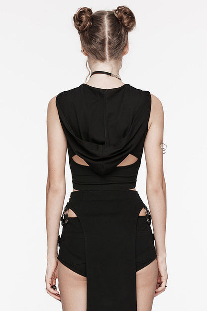 Black Sleeveless Cutout Crossed Hooded Women's Punk Tank Top