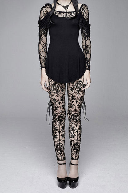 Brown Flocking Printing Mesh Side Lace Up Leggings Womens Pants