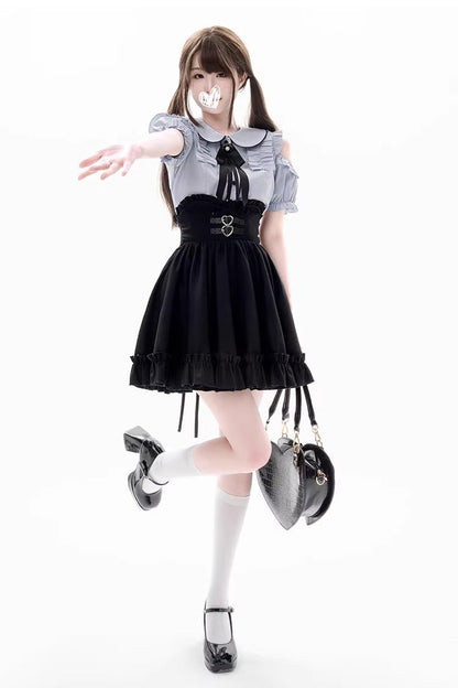 Black/Blue Off Shoulder Short Sleeves Ruffle Bowknot Sweet Jirai Kei Japanese Set