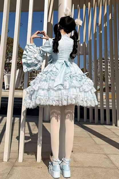 Blue [The Soloist Doll] Long Hime Sleeves Multi-Layered Print Ruffle Bowknot Asymmetric Sweet Lolita Dress