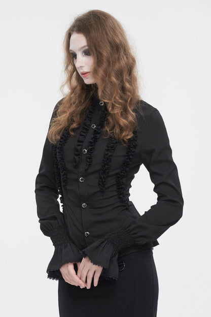 Black Stand Collar Ruffled Long Sleeves Women's Gothic Shirt