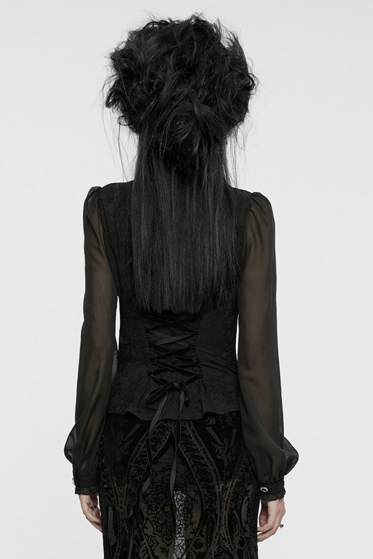 Black V Collar Long Puff Sleeves Embroidery Mesh Women's Gothic Blouse
