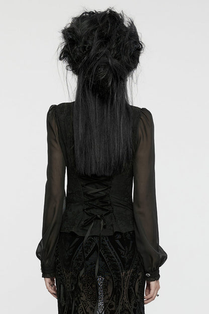 Black V Collar Long Puff Sleeves Embroidery Mesh Women's Gothic Blouse