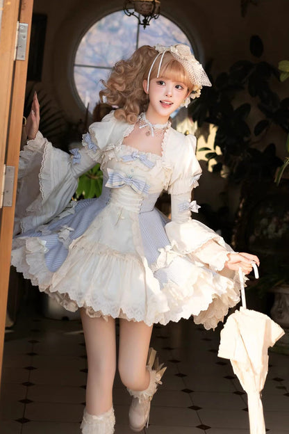 Blue [Letter Paper] Sleeveless Double-Layered Printed Ruffled Open-Front Bow Lace-Up Sweet Lolita Jsk Dress (Short Version)