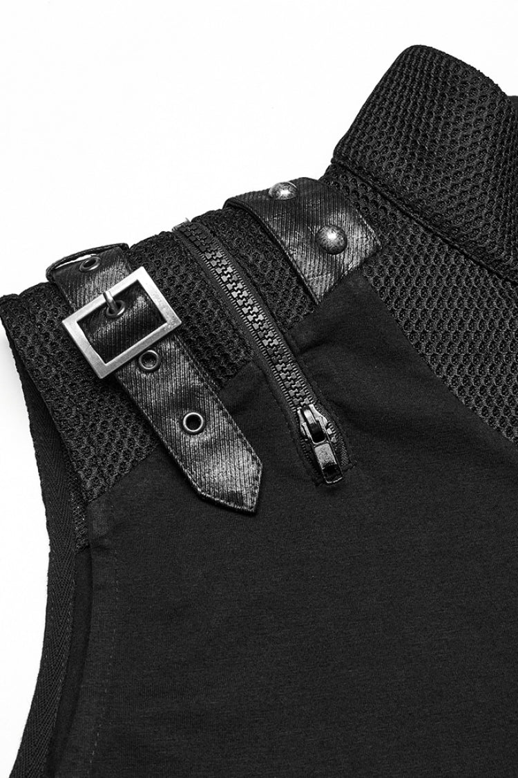 Black Stand Collar Sleeveless Stitching Mesh Zipper Men's Punk Vest