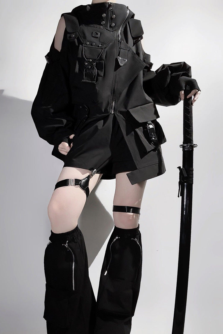 Black Techwear Long Sleeves Hooded Zippered Ouji Gothic Cool Lolita Set