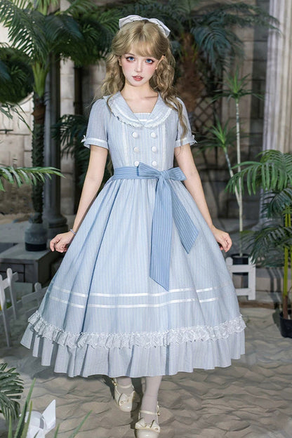 Blue [Seven Day Bell] Navy Collar Short Sleeves Printed Ruffled Bow Sweet Lolita Dress 2 Versions