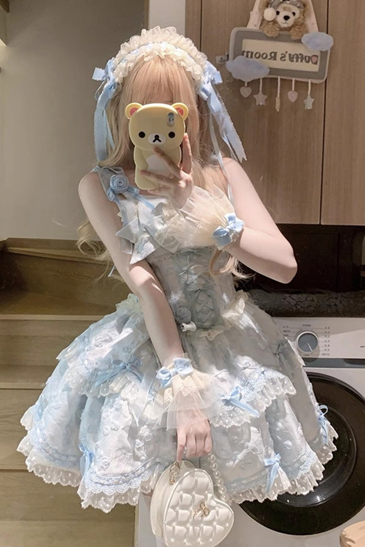 Blue [Floral Overture] Double-Layered Ruffle Embroidery Bowknot Lace Sweet Lolita Jsk Dress