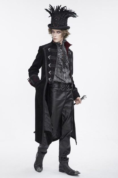 Black Stand Collar Long Sleeves Embroidery Slim Men's Gothic Coat