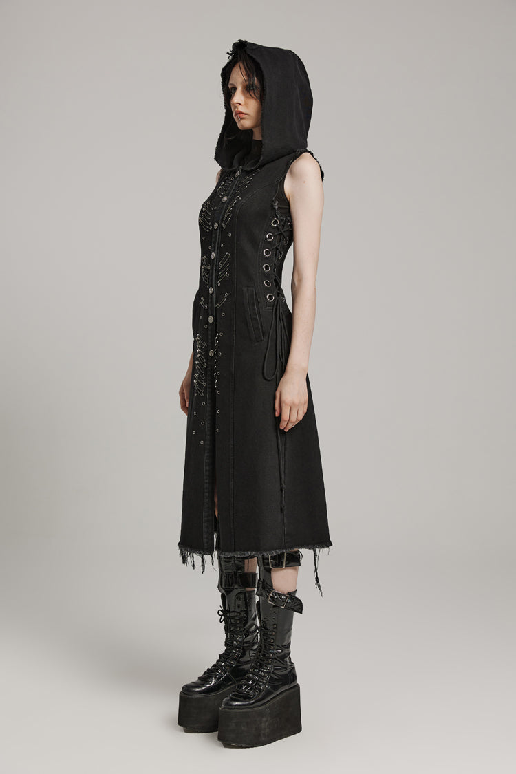 Black Side Drawstring Sleeveless Pin Decoration Hooded Womens Steampunk Long Vest