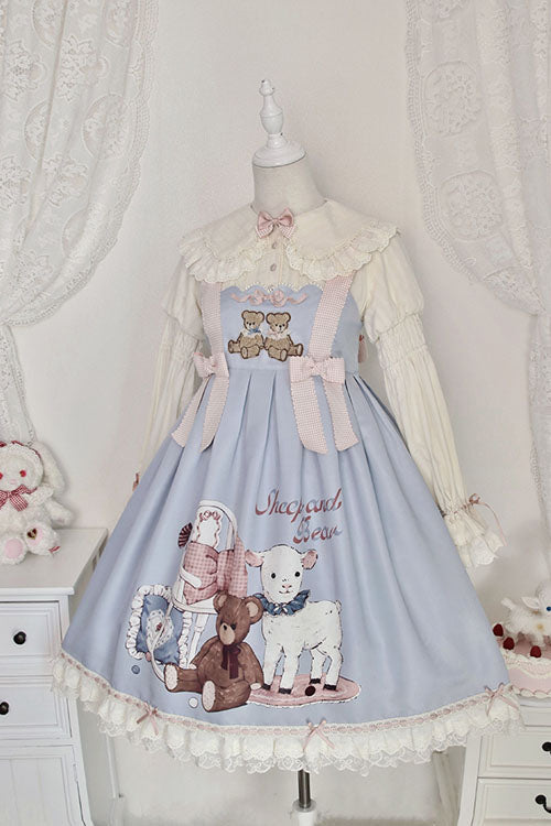 Blue Sheep & Bear Print Alice Girl Bowknot Ruffled Sweet Lolita JSK Dress