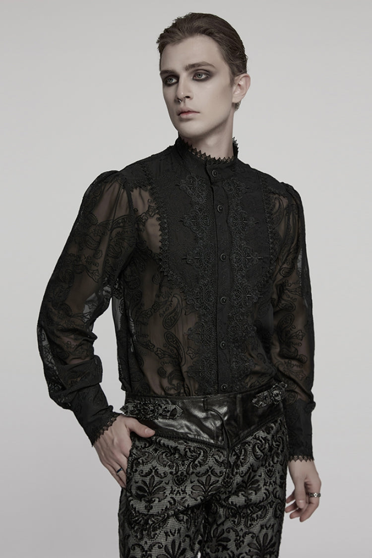Black Stand Collar Chiffon Long Sleeves Hollow Embroidery Men's Gothic Blouse