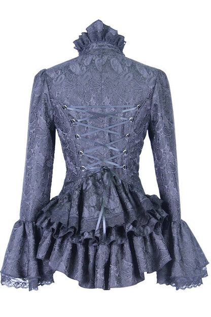 Black Trumpet Sleeves Lace Ruffled Vintage Print Womens Gothic Blouse