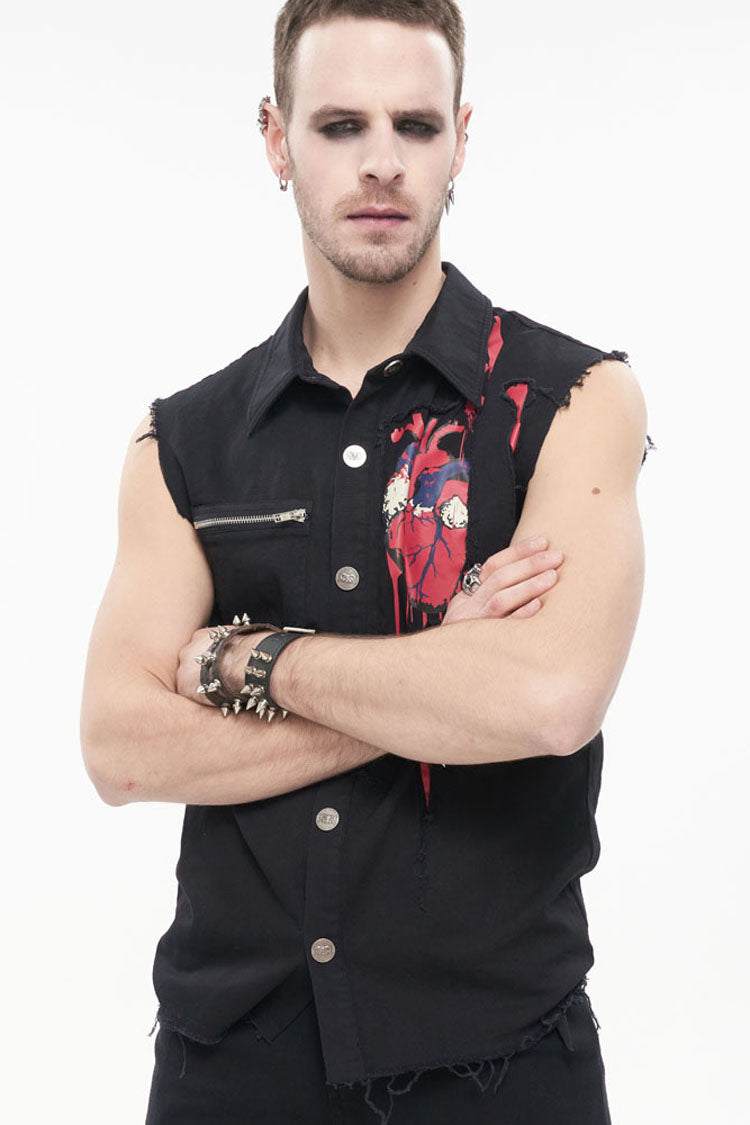 Black Punk Simple Everyday Stand Collar Print Sleeveless Men's Shirt