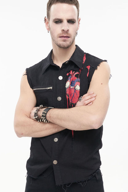Black Punk Simple Everyday Stand Collar Print Sleeveless Men's Shirt