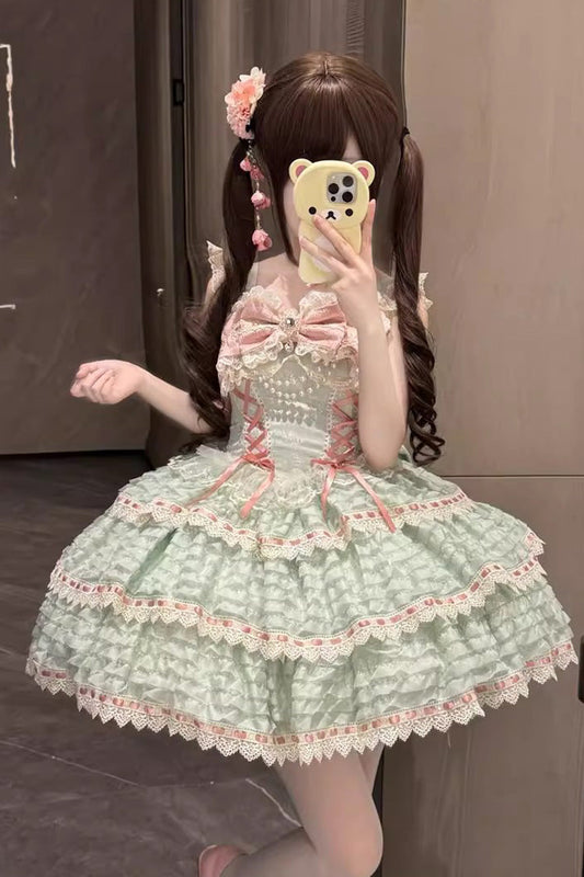 Green [Song of Floral Letters] Sleeveless Triple-Layered Bowknot Lace-Up Sweet Lolita Jsk Dress