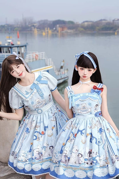 Blue [Penguin Navy] Print Ruffle Bowknot Sweet Princess Lolita Jsk Dress