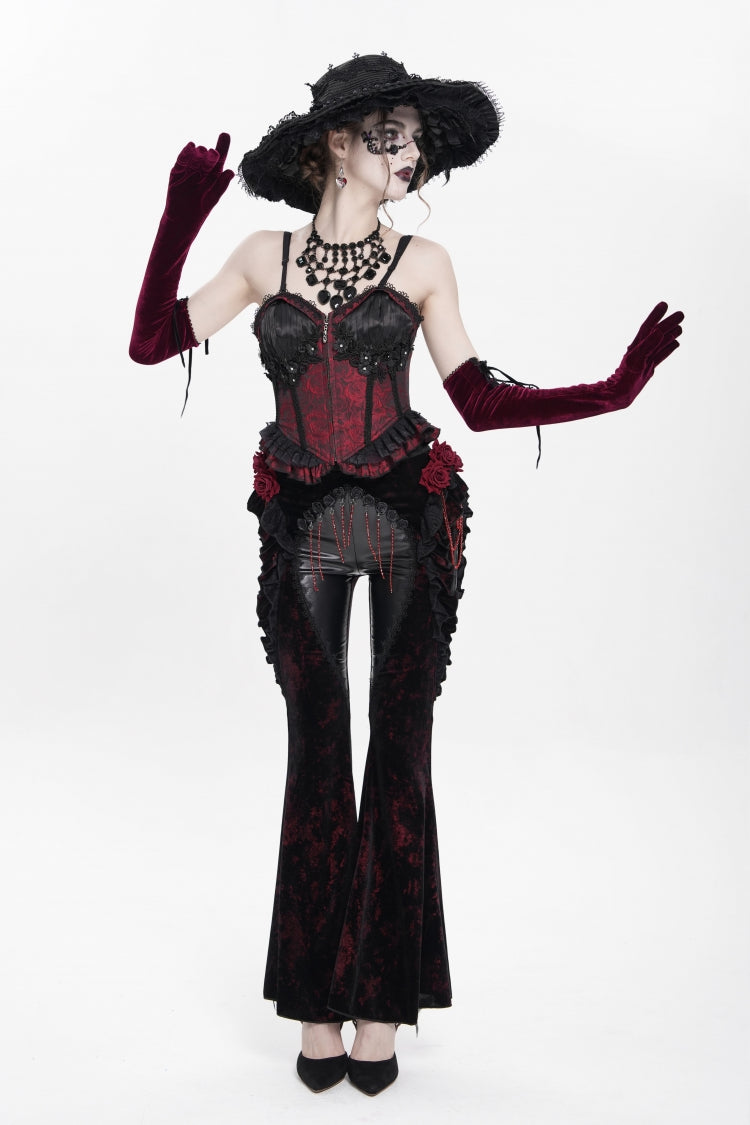 Black/Red  Ruffled Spliced Women's Gothic Floral Faux Leather&Velvet Ruffle Pants