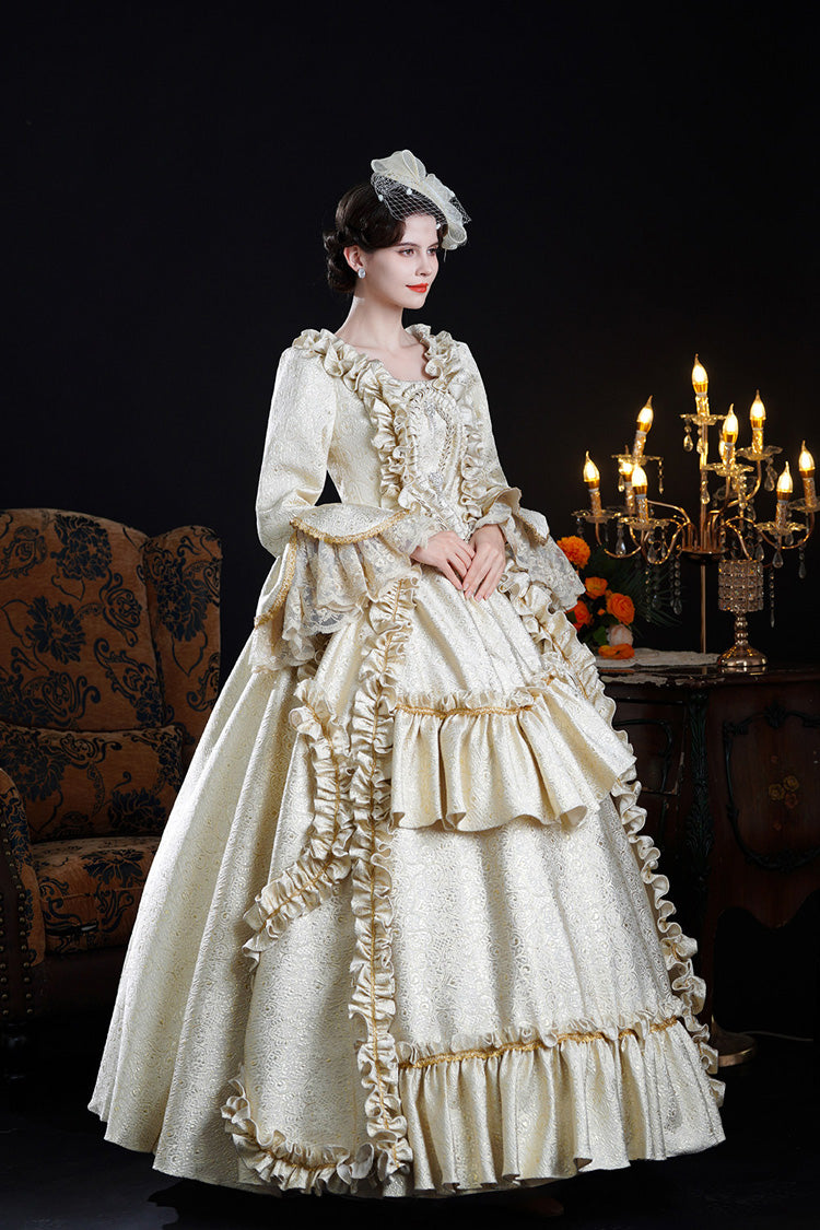 Champagne Square Collar Long Trumpet Sleeves Double-Layered Ruffled Open-Front Classic Vintage Palace Lolita Victorian Dress