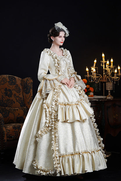 Champagne Square Collar Long Trumpet Sleeves Double-Layered Ruffled Open-Front Classic Vintage Palace Lolita Victorian Dress