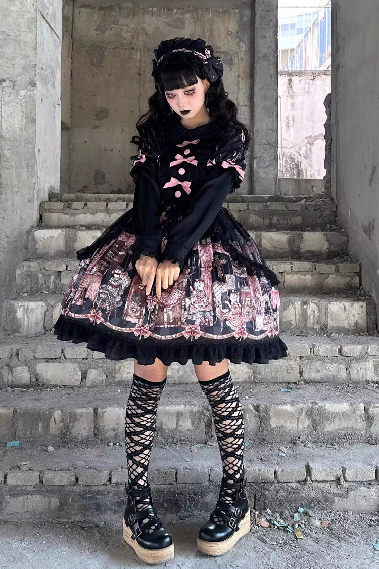 Black [The Case of the Missing Lamb] Print Long Sleeves Ruffle Bowknot Lace Gothic Lolita Dress