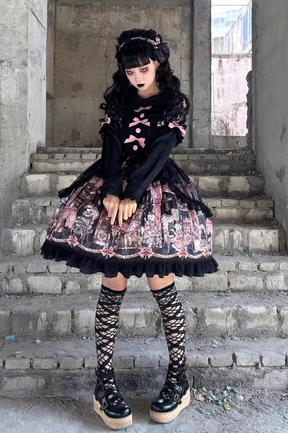 Black [The Case of the Missing Lamb] Print Long Sleeves Ruffle Bowknot Lace Gothic Lolita Dress