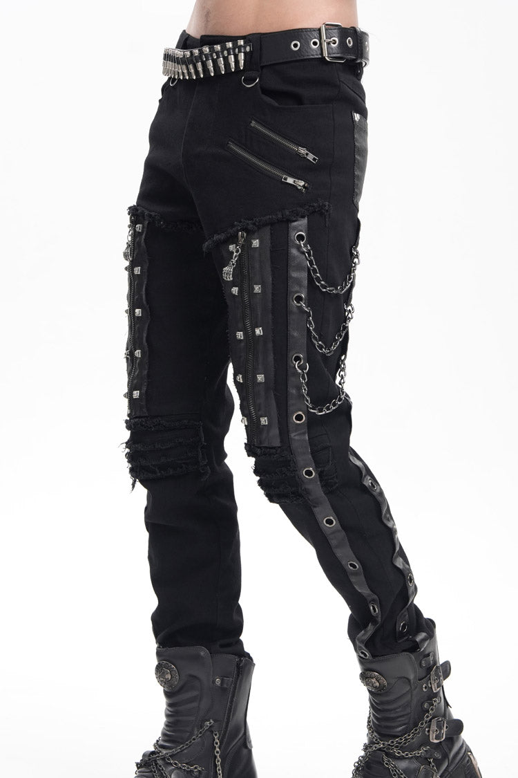 Black Stitching Eyelets Chains Studs Men's Gothic Pants