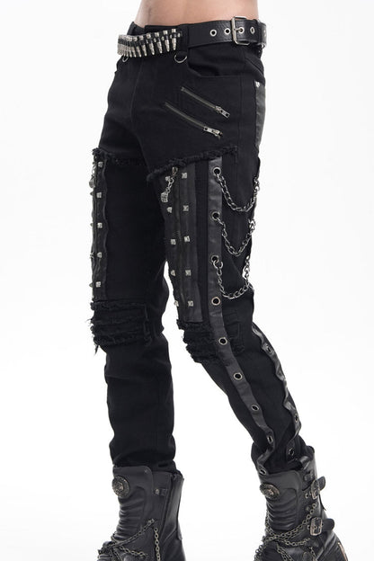 Black Stitching Eyelets Chains Studs Men's Gothic Pants
