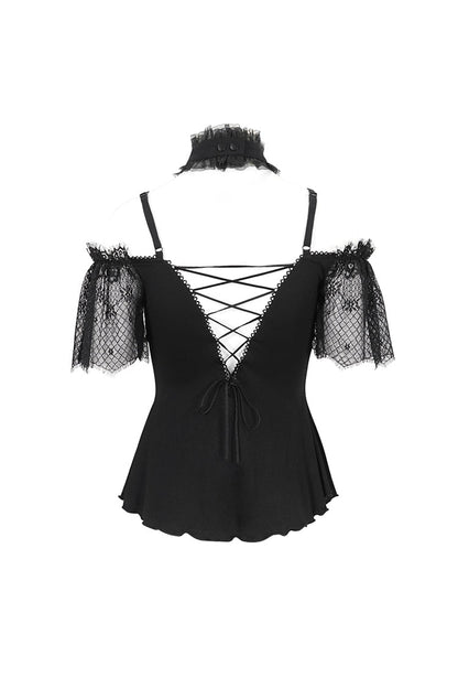 Black/Red Off Shoulder Lace Round Collar Splice Women's Gothic Shirt