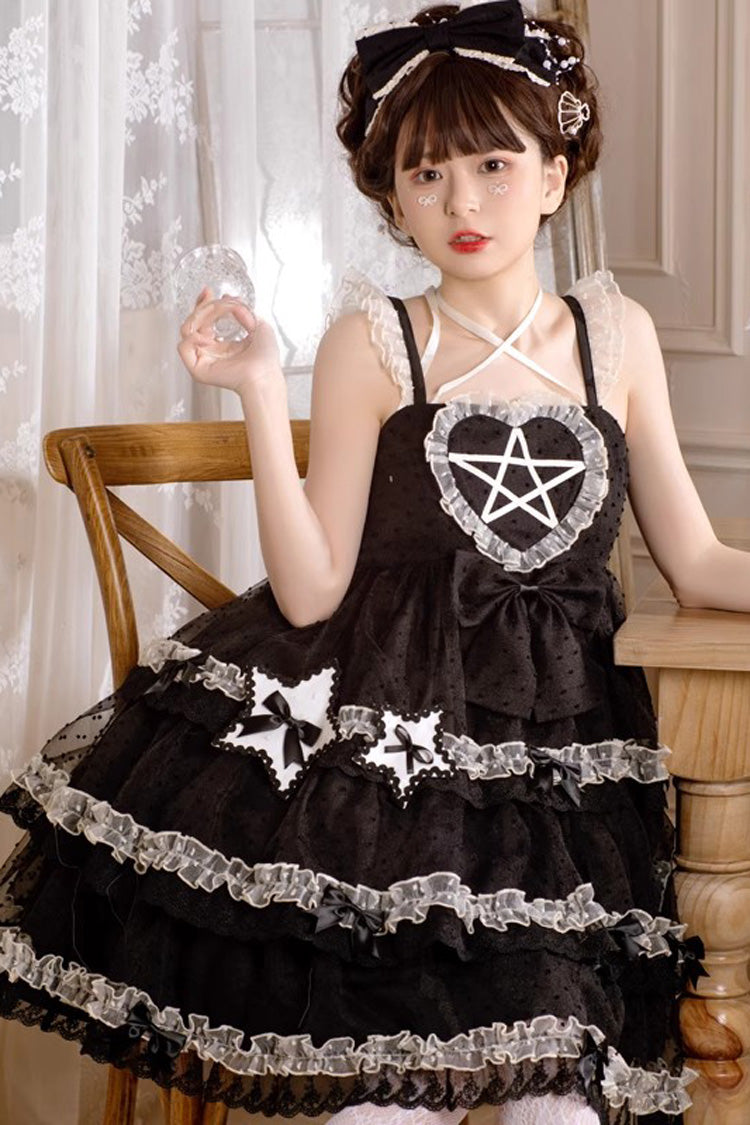 Black [Du Meisha's Star Wish] Sleeveless Triple-Layered Jacquard Ruffle Bowknot Sweet Gothic Lolita Jsk Dress